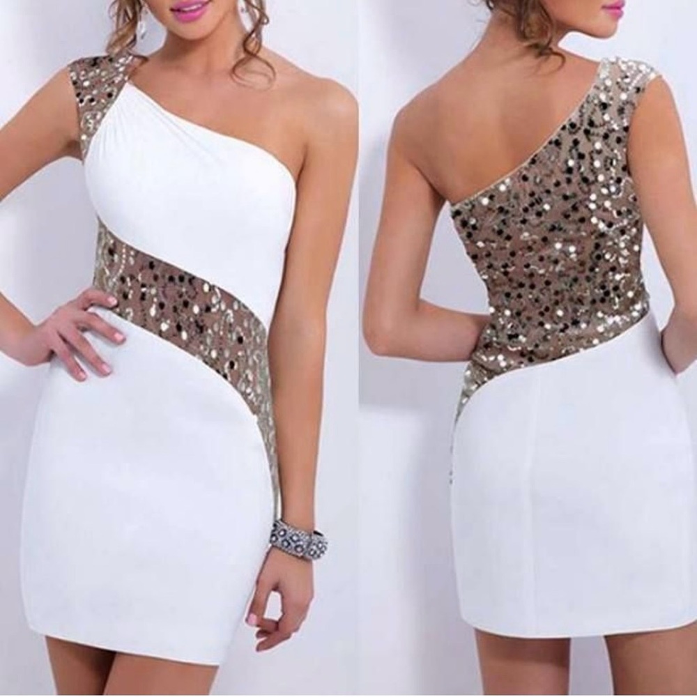 Elegant One Shoulder White Dress with Silver Accents